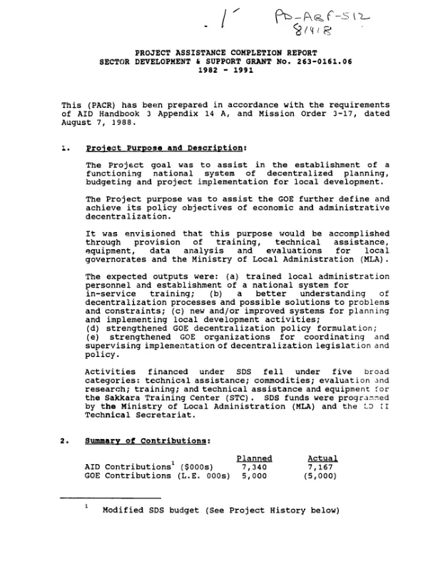 Project assistance completion report : sector development and support grant no. 263-0161.06, 1982-1991