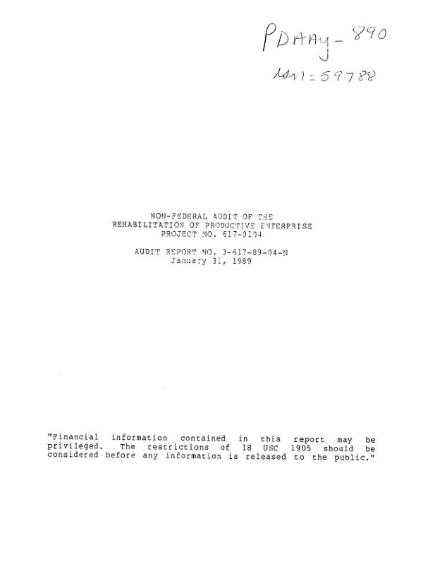 Non-federal audit of the rehabilitation of productive enterprise project no. 617-0104