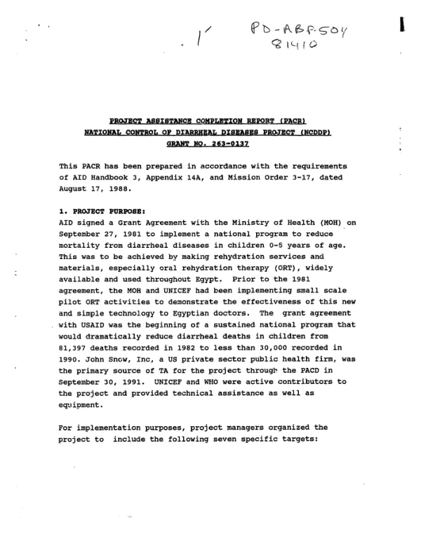 Project assistance completion report (PACR) : national control of diarrheal diseases project (NCDDP), grant no. 263-0137