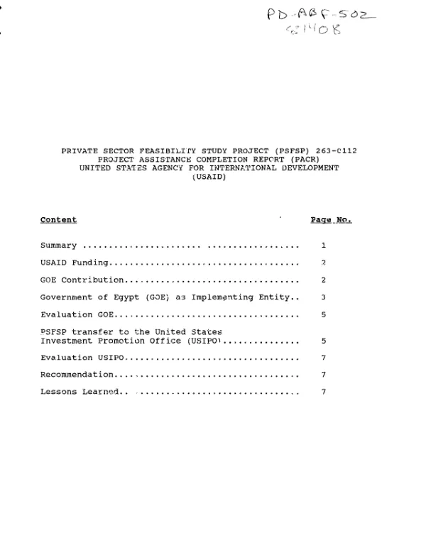 Private sector feasibility study project (PSFSP) 263-0112 : project assistance completion report (PACR)