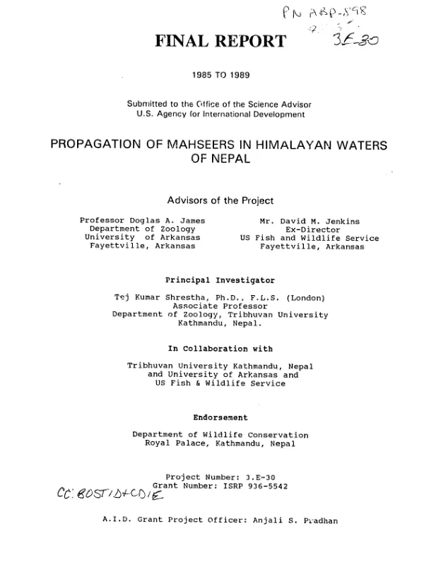 Final report, 1985 to 1989 : propagation of mahseers in Himalayan waters of Nepal