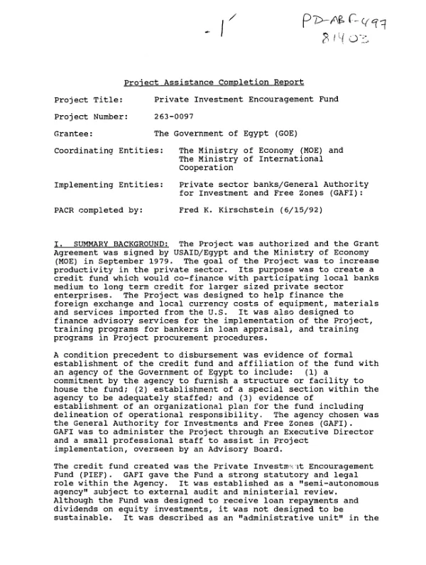 Project assistance completion report : private investment encouragement fund