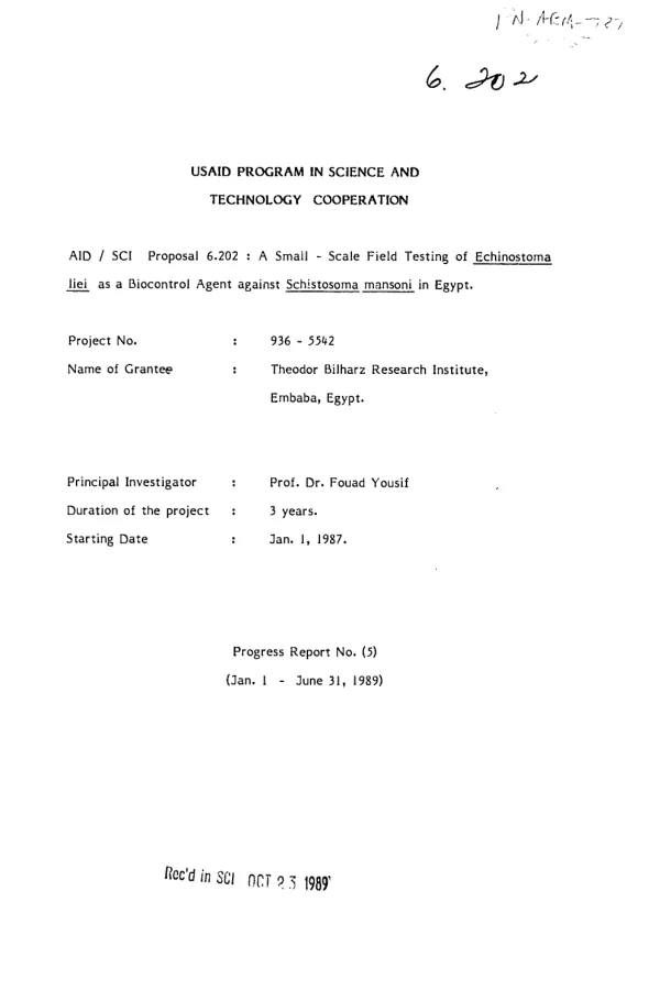 USAID program in science and technology cooperation : AID/SCI proposal 6.202 -- a small scale field testing of Echinostoma liei as a biocontrol agent against Schistosoma mansoni in Egypt