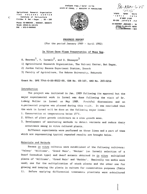 Progress report for the period January 1989-April 1992 : in vitro germplasm preservation of Musa spp.