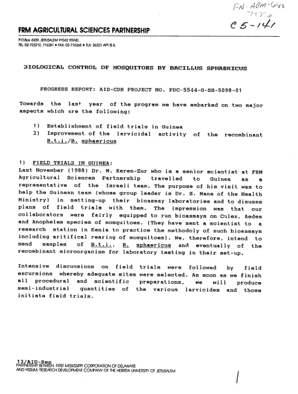 Biological control of mosquitoes by bacillus sphaericus -- progress report : AID-CDR project no. PDC-5544-G-SS-5098-01