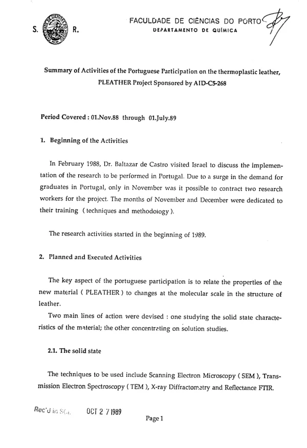 Summary of activities of the Portuguese participation on the thermoplastic leather, PLEATHER project sponsored by AID-C5-268, period covered : 01 Nov 88 through 01 July 89