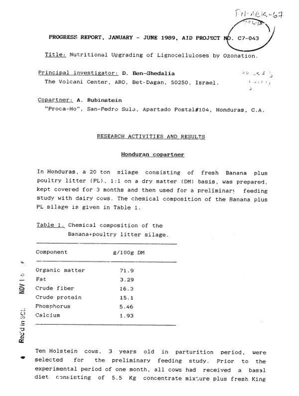 Progress report, January - June 1989, AID project no. C7-043 : nutritional upgrading of lignocelluloses by ozonation