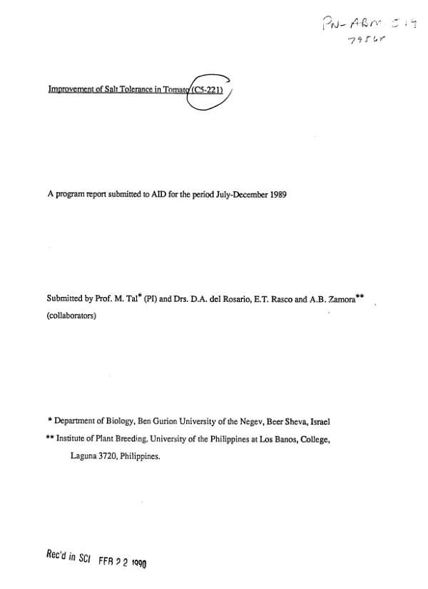Improvement of salt tolerance in tomato (C5-221) : a program report submitted to AID for ther period July-December 1989