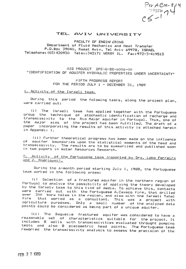 Identification of aquifer hydraulic properties under uncertainty -- fifth progress report for the period July 1-December 31, 1989