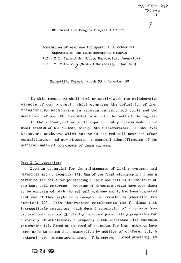Modulation of membrane transport : a biochemical approach to the chemotherapy of malaria -- scientific report: March 88-December 88