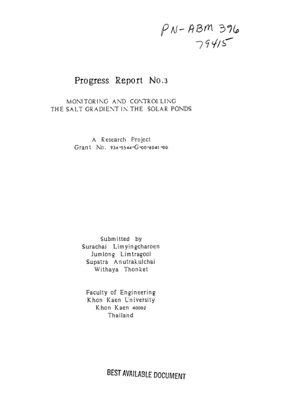 Progress report no. 3 : monitoring and controlling the salt gradient in the solar ponds