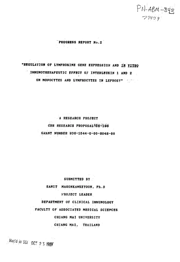 Progress report no. 2 : regulation of lymphokine gene expression and in vitro immunotherapeutic effect of interleukin 1 and 2 on monocytes and lymphocytes in leprosy