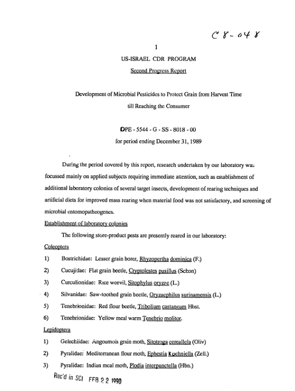 Second progress report : development of microbial pesticides to protect grain from harvest time till reaching the consumer for period ending December 31, 1989