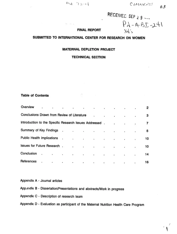 Final report submitted to International Center for Research on Women : maternal depletion project -- technical section