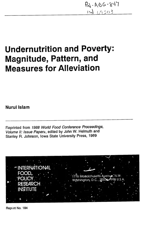 Undernutrition and poverty : magnitude, pattern, and measures for alleviation