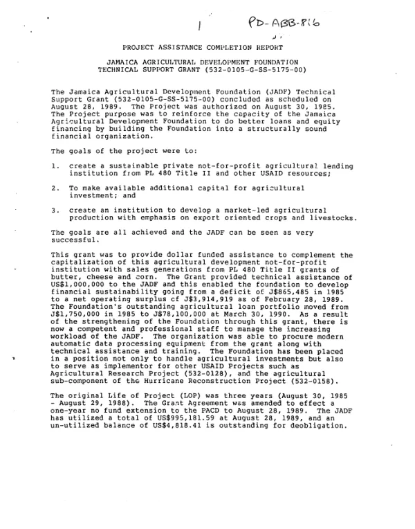 Project assistance completion report : Jamaica Agricultural Development Foundation technical support grant (532-0105-G-SS-5175-00)