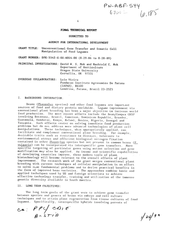 Final technical report [: unconventional gene transfer and somatic cell manipulation of food legumes]