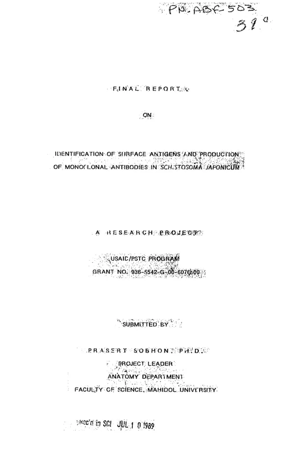 Final report on identification of surface antigens and production of monoclonal antibodies in Schistosoma japonicum