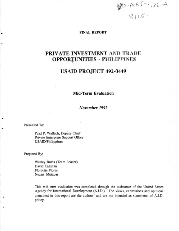 Private investment and trade opportunities - Philippines : USAID project 492-0449 -- mid-term evaluation
