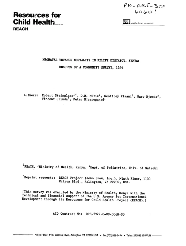 Neonatal tetanus mortality in Kilifi District, Kenya : results of a community survey, 1989