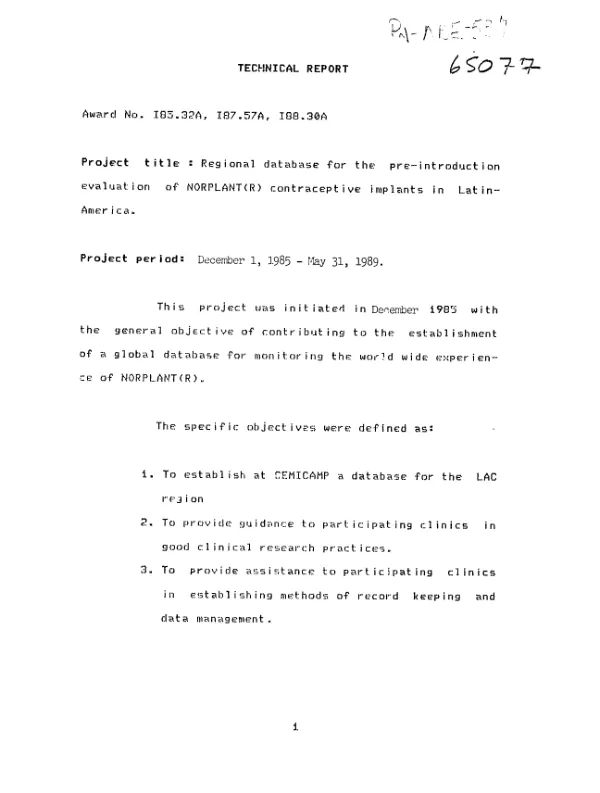 Technical report : regional database for the pre-introduction evaluation of NORPLANT(R) contraceptive implants in Latin America, award no. I85.32A, I87.57A, I88.30A, December 1, 1985-May 31, 1989