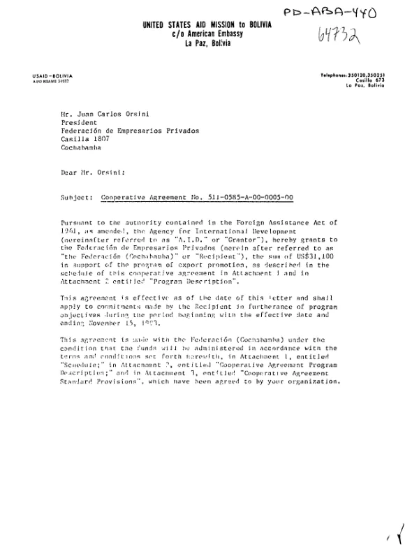 AID cooperative agreement no. 511-0585-A-00-0005-00 with Federacion de Empresarios Privados to support export promotion activities in Bolivia
