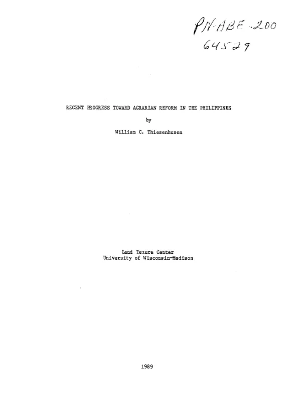 Recent progress toward agrarian reform in the Philippines