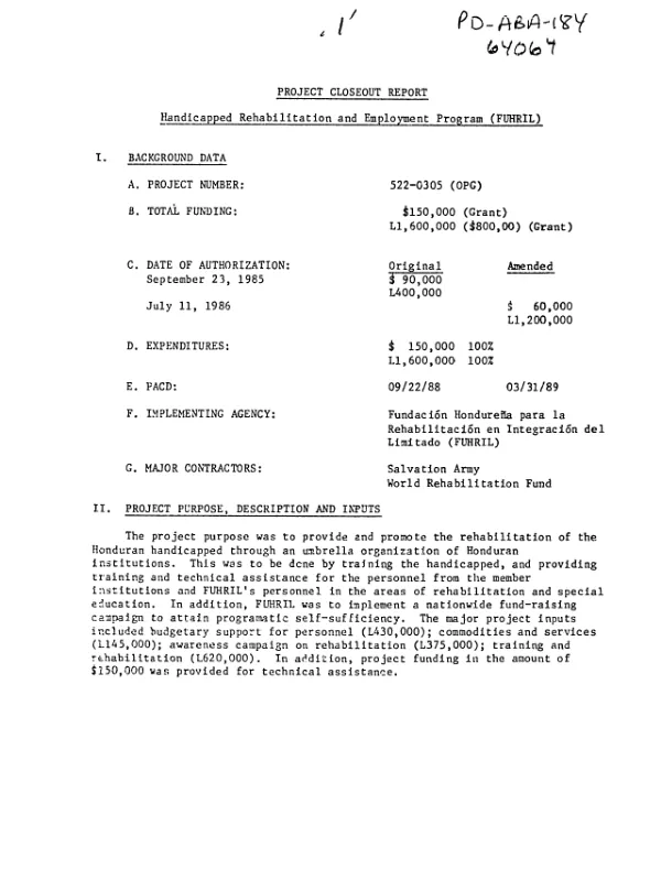 Project closeout report : handicapped rehabilitation and employment program (FUHRIL)