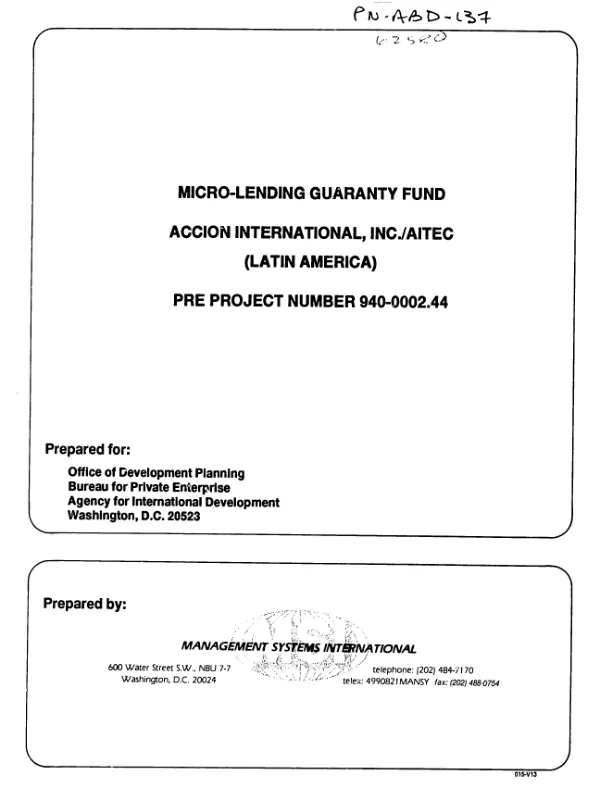 Micro-lending guaranty fund, Accion International, Inc./AITEC (Latin America ) pre project number 940-0002.44