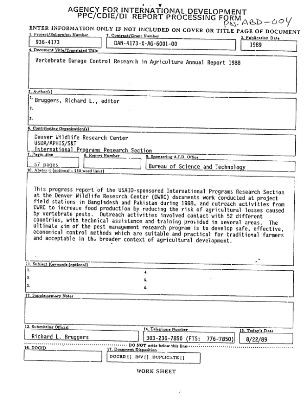 1988 annual progress report : International Programs Research Section, Denver Wildlife Research Center