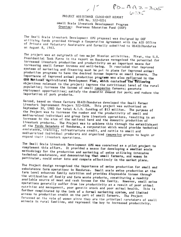 Project assistance close-out report, OPG no. 522-0251 : small scale livestock development program, grantee, overseas education fund (OEF)
