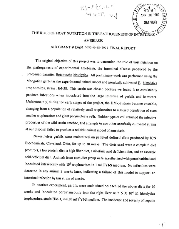 Role of host nutrition in the pathogenesis of intestinal amebiasis : AID grant # DAN 5053-G-SS-6031 -- final report