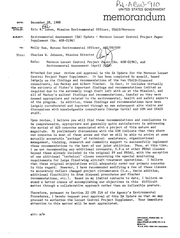Environmental assessment (EA) update -- Morocco locust control project paper supplement (no. 608-0196)