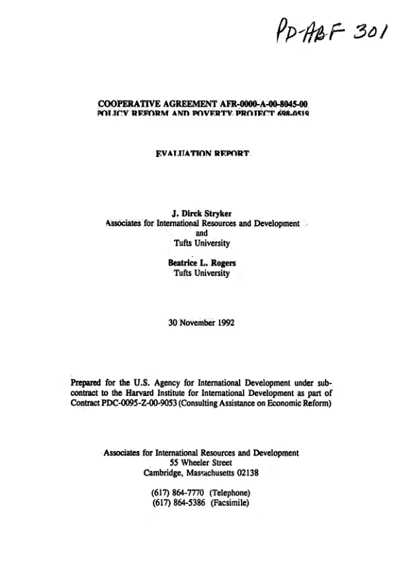 Cooperative agreement AFR-0000-A-00-8045-00, policy reform and poverty project 698-0519 : evaluation report