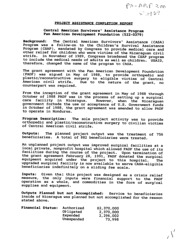 Project assistance completion report : Central American survivors' assistance program -- Pan American Development Foundation (522-0379)