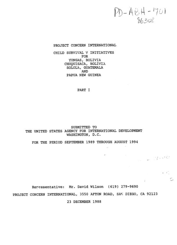 Child survival V initiatives for Yungas, Bolivia; Chuquisaca, Bolivia; Solola, Guatemala and Papua New Guinea : part I