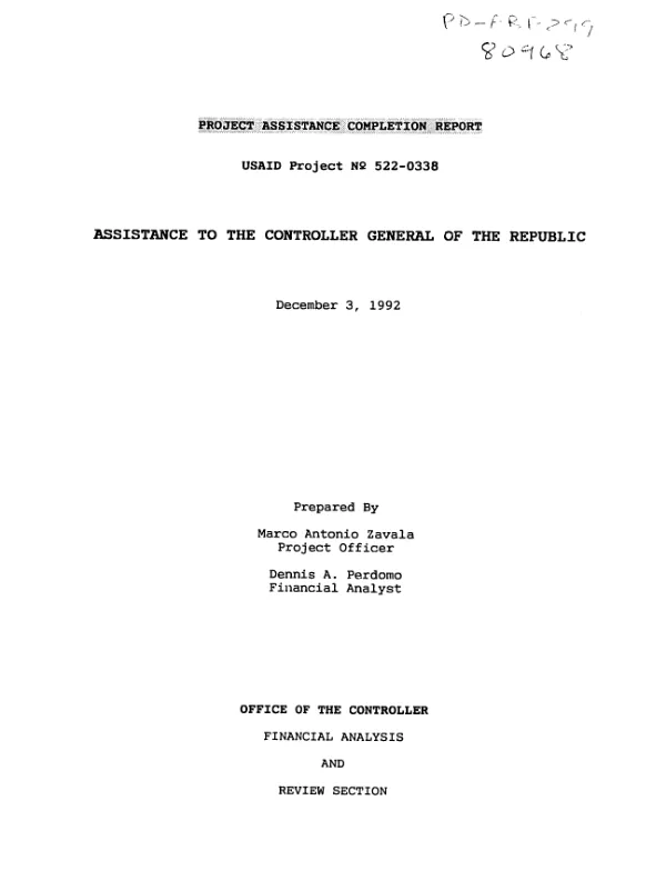 Project assistance completion report : USAID project no. 522-0338 -- assistance to the Controller General of the Republic [of Honduras]