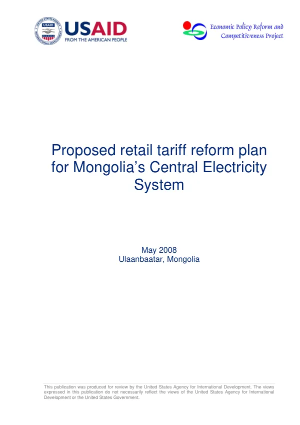 Proposed retail tariff reform plan for Mongolia"s central electricity system
