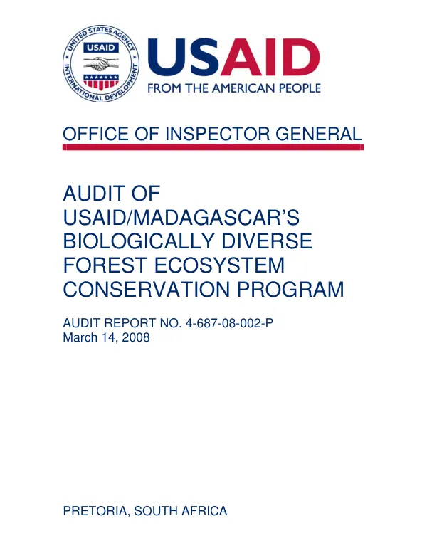 Audit of USAID/Madagascar"s biologically diverse forest ecosystem conservation program