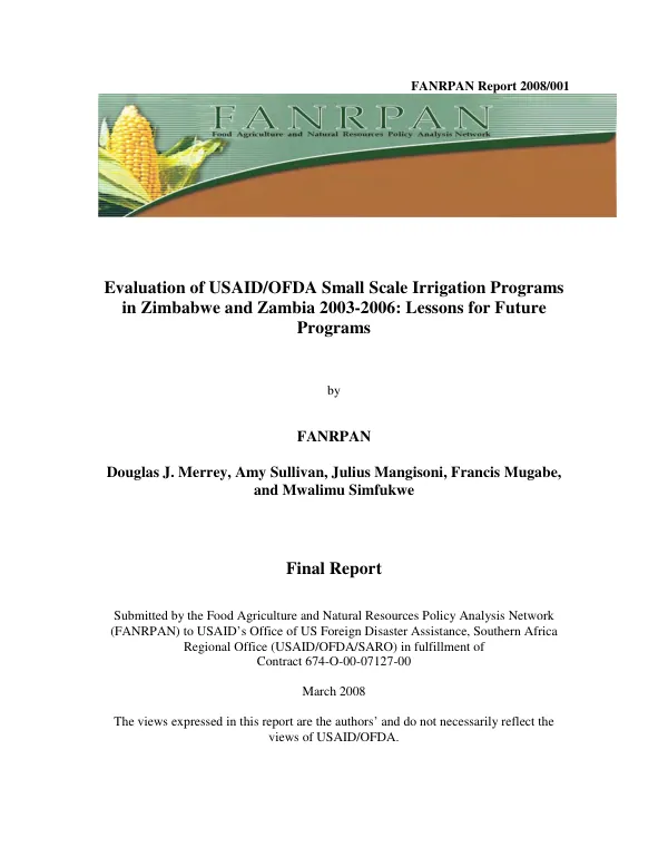 Evaluation of USAID/OFDA small scale irrigation programs in Zimbabwe and Zambia 2003-2006 : lessons for future programs