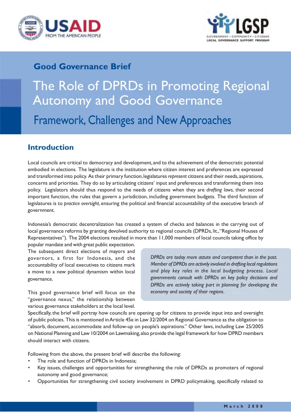 Tbe role of DPRDs in promoting regional autonomy and good governance : framework, challenges and new approaches