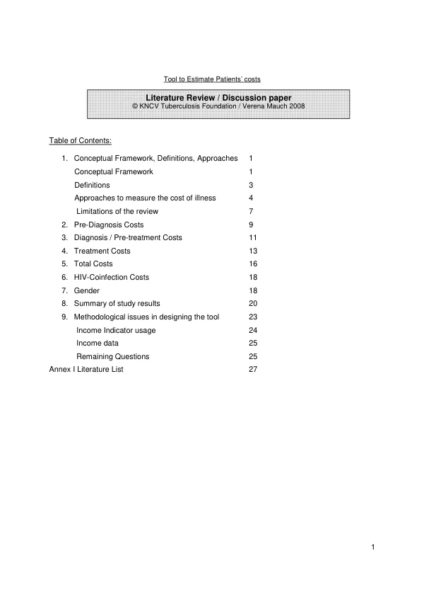 Tool to estimate patients" costs : literature review / discussion paper