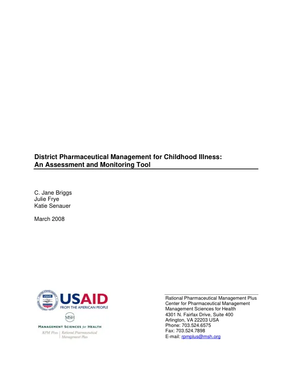 District pharmaceutical management for childhood illness : an assessment and monitoring tool