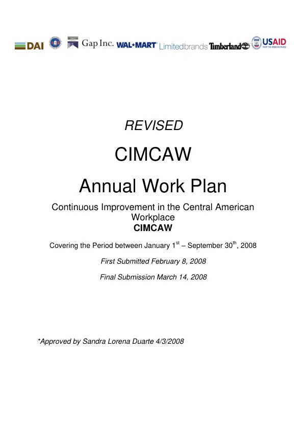 Revised CIMCAW annual work plan : continuous improvement in the Central American workplace (CIMCAW) covering the period between January 1st-September 30th, 2008