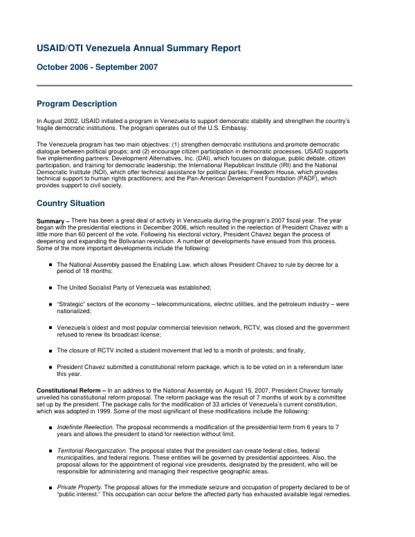 USAID/OTI Venezuela annual summary report, October 2006-September 2007