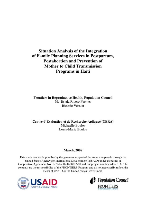 Situation analysis of the integration of family planning services in postpartum, postabortion and prevention of mother to child transmission programs in Haiti