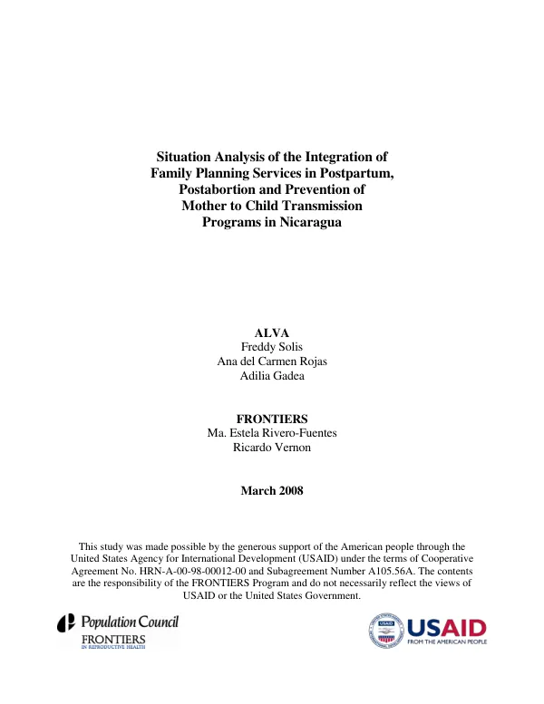 Situation analysis of the integration of family planning services in postpartum, postabortion and prevention of mother to child transmission programs in Nicaragua