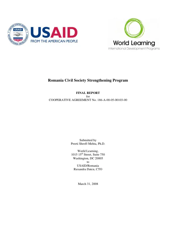 Romania civil society strengthening program : final report for cooperative agreement no. 186-A-00-05-00103-00