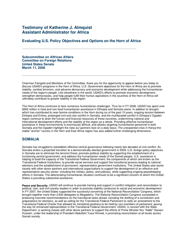 Evaluating U.S. policy objectives and options on the Horn of Africa