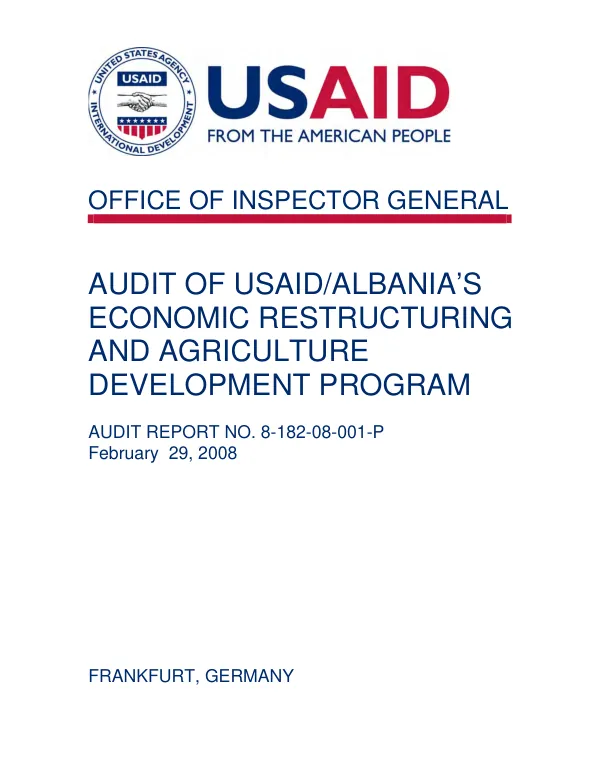 Audit of USAID/Albania"s economic restructuring and agriculture development program